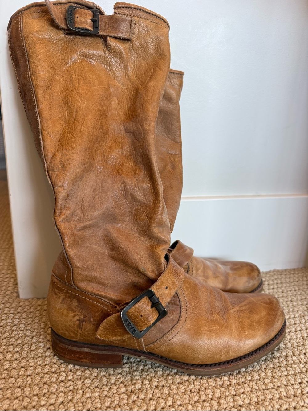 Frye Cognac Leather Mid-Calf Buckle Heeled Boots